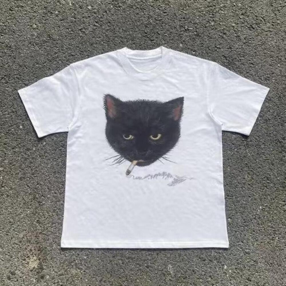 Black And White Graphic Tee With A Cat Smoking A Cigarette